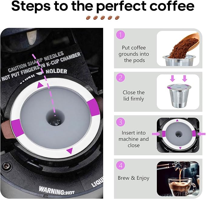SHOUNAJIA 4 Pack Reusable K Cups Coffee for Keurig, Reusable Coffee Pods for Keurig Machine, 304 Stainless Steel Coffee Filter with Cleaning Brush, BPA-Free