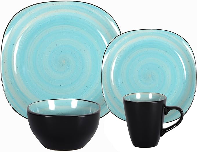 Stoneware Square 16pc Dinnerware Set, Inside Spinwaseh Swirl Turquoise + Outside Black