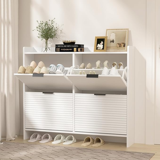 White Shoe Storage Cabinet for Entryway with 4 Flip Drawers, Narrow Wood Shoe Rack Cabinet,Hidden Slim Shoe Storage Freestanding Shoe Organizer Cabinet for Hallway