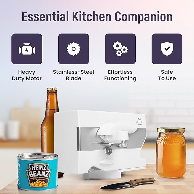 Electric Can Opener - 4 in 1 Under the Cabinet Mounted Can Opener, Blade Sharpener, Bottle Opener, Mounting Bracket for Seniors with Arthritis - Elitra Home (White)