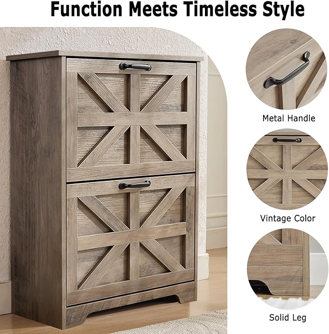 Shoe Storage Cabinet with Bench, Farmhouse Shoe Organizer with Barn Door Design, Space-Saving Hidden Narrow Shoe Rack Cabinet for Entryway, Hallway & Foyer，White