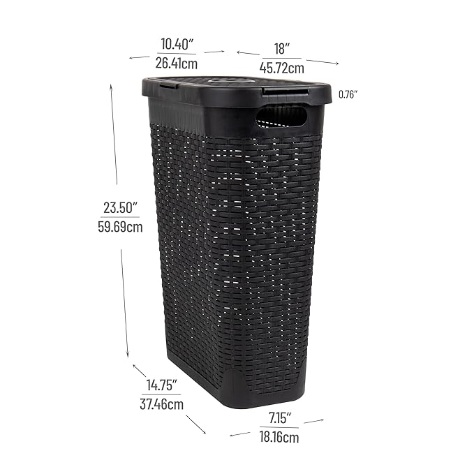 Mind Reader Slim Laundry Hamper with Lid, 40L Clothes Basket, Premium Wicker Design, Plastic, Set of 2, Black