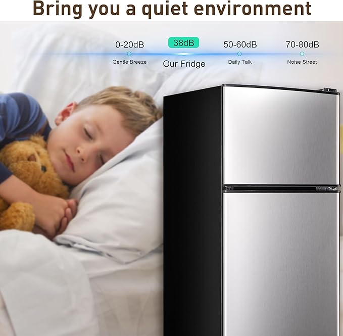Mini Fridge with Freezer, 3.2 Cu. Ft. Apartment Size Refrigerator with Freezer, Dorm Fridges with Freezer Adjustable Thermostat, Small Refrigerator for Apartment, Office, Kitchen, Dorm, Silver