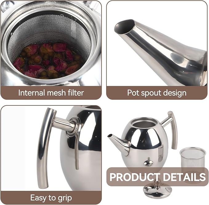 Tea Pots with Infusers for Loose Tea Stainless Steel Teapot Tea Kettle Coffee Pot with Tea Filter and Lid Tea Kettle Stovetop Teapot with Strainer (700ml)