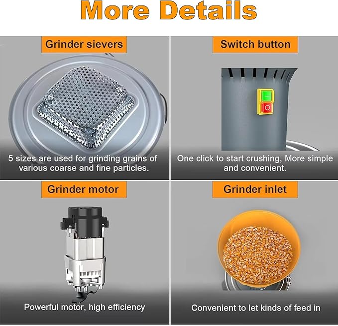 AUTENS Farm Grain Mill Grinder with 5 Filter Mesh Adjustable, Electric Feed Grain Grinder, for Wheat, Corn, Spice, Animal Feed & Home Milling (25L)