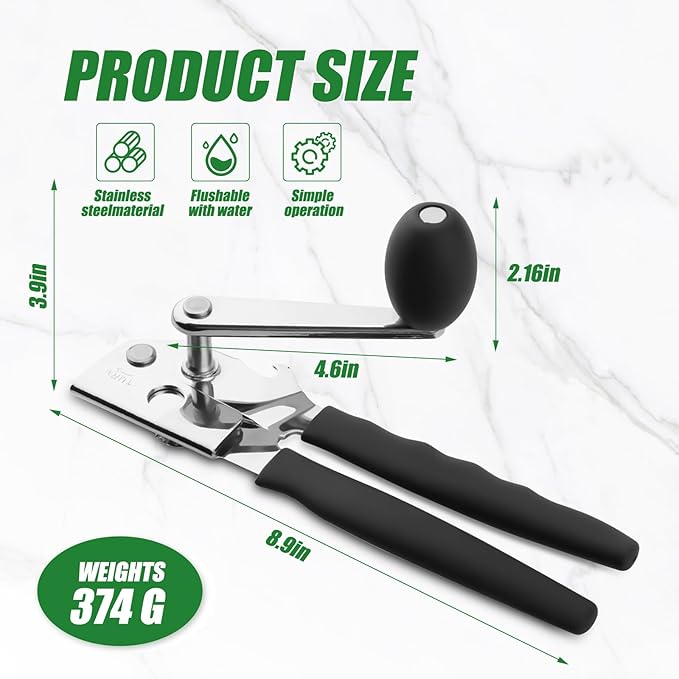 3Pcs Commercial Can Opener Stainless Steel Handheld Can Opener Smooth Edge with Easy Crank Handle Black Swing Grips for Bulk Cans and All Size Cans