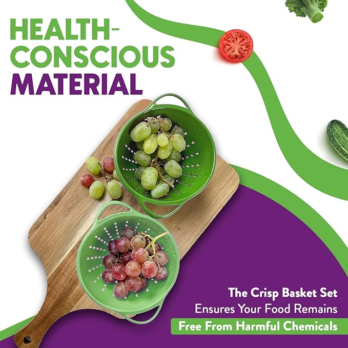 Crisp 2-Piece Mini Colander Berry Baskets With Handles - Food Strainers For Kitchen - Small Colander For Berries, Strawberry & Grape - Dishwasher Safe Berry Strainer - Made in the USA - Bright Green