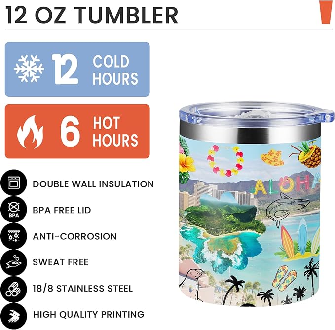 12oz Coffee Mug Hawaii State Insulated Coffee Cups, United States Map Travel Mug Landmark, Birthday Gifts Cute Mugs with Lid and Straw Mothers Day Gifts