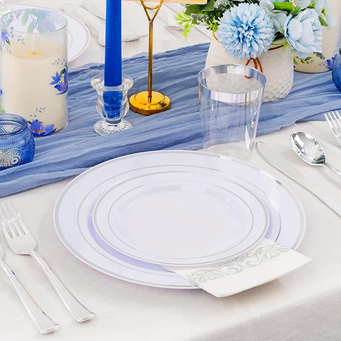 Supernal 800Pcs Silver Plastic Plates,Silver Plastic Dinnerware Set,Disposable Silvery Plates Include 100 Dinner Plate,100 Salad Plate,100 Spoons,200 Forks,100 Knives,100 Cups,100 Napkins for Party