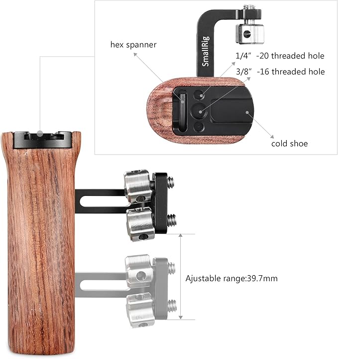SmallRig Wooden Side Handle with 1/4''-20 Screws, Max. Load 15kg/33lbs, Up and Down Adjustable, for Left or Right Hand