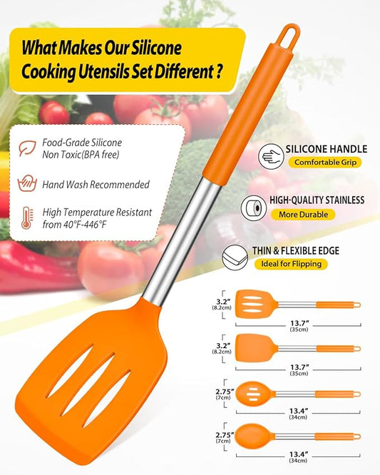 Pack of 4 Silicone Cooking Utensils Set, Non Stick Large Solid Spatulas, Heat Resistant Slotted Spoons, Ideal BPA Free Kitchen Turners for Frying, Mixing,Serving,Draining,Turning,Stirring (ORANGE)