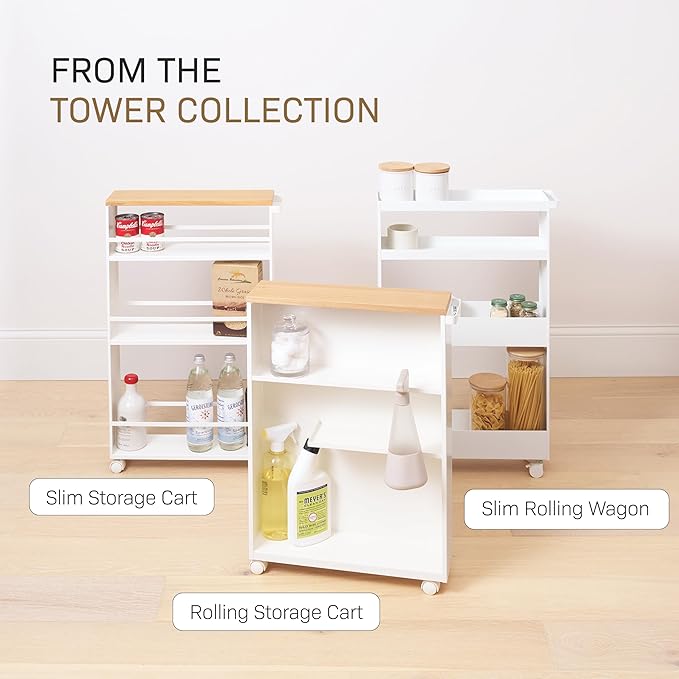 YAMAZAKI Home Slim Rolling Storage Cart – Narrow Bathroom Storage Cabinet with Handle, Slim Bathroom Storage Cart with Wheels, Easy Assembly, Steel + Wood, White
