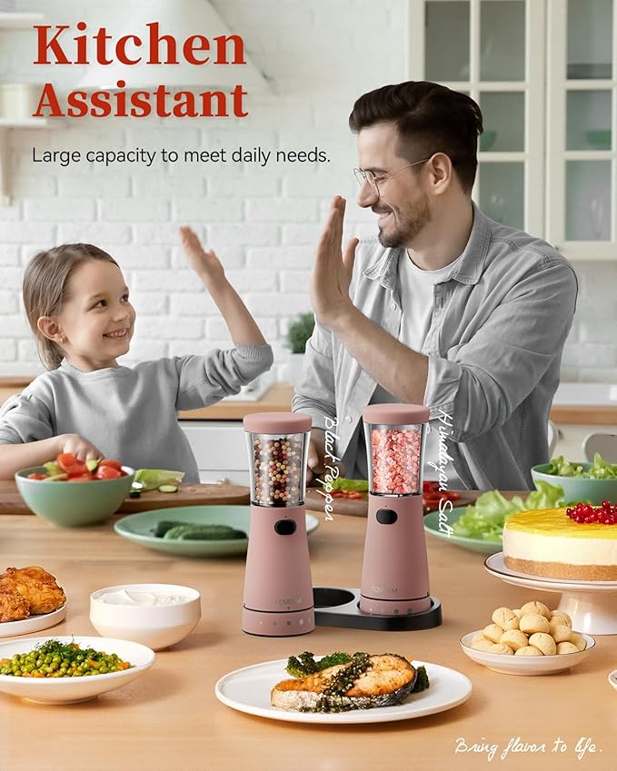 Electric Salt and Pepper Grinder Set with Storage Base, Stainless Steel Rechargeable Salt and Pepper Grinder Set with 4.5 oz Large Capacity, 1.8" Wide Mouth, Adjustable Coarseness, Ideal for Kitchen