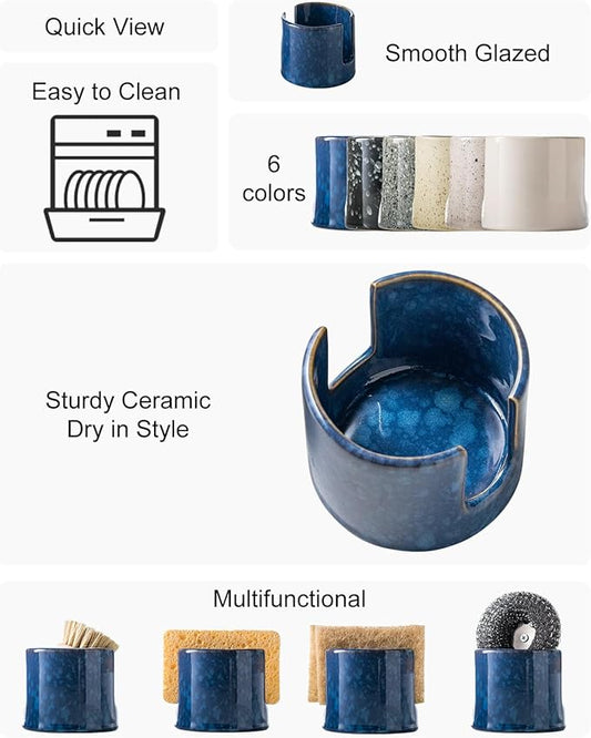 Kitchen Sponge Holder, Ceramic Sponge Organizer Scrubby Holder Sink Caddy Dish Rack for Kitchen and Bathroom, Farmhouse Decor, Blue