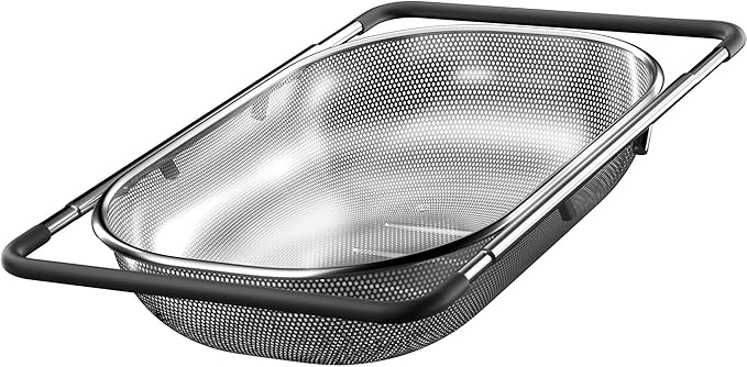 Over the Sink Colander - Strainers and Colanders - Sink Strainer Basket - Expandable Fine Mesh Strainer with Rubber Grip for Veggie, Fruits, Pasta, Home Kitchen Essentials (9.5W x 13.4-21.3L x 3.3H)