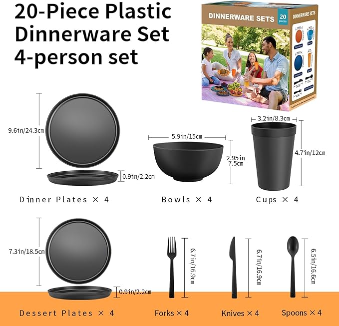 20 Piece RV & Camping Dinnerware Set, Elegant Ceramic-Look Large Bowls & Plates, Unbreakable & 100% Microwave Safe, Melamine Alternative Service for 4, Modern
