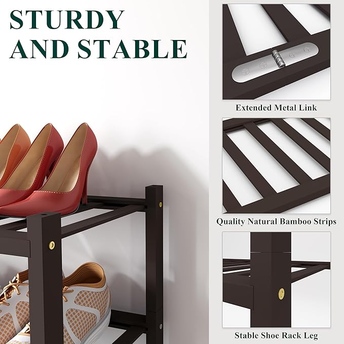 Smiry Shoe Rack, 3 Tier Long Bamboo Shoe Organizer, Stackable Free Standing Wooden Shoe Storage Shelf for Closet, Entryway, Front Door Entrance, Brown
