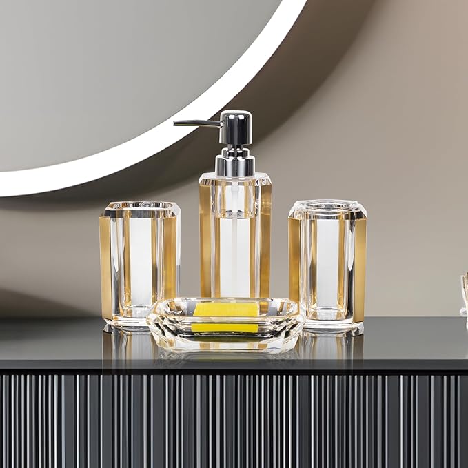 4 Piece Premium Acrylic Bathroom Accessory Set, Hand Sanitizer Bottle, Lotion Can Bathroom Suit, Separate Bottle Soap Box, Mouthwash Cup, Toothbrush Cup(Brushed Gold)