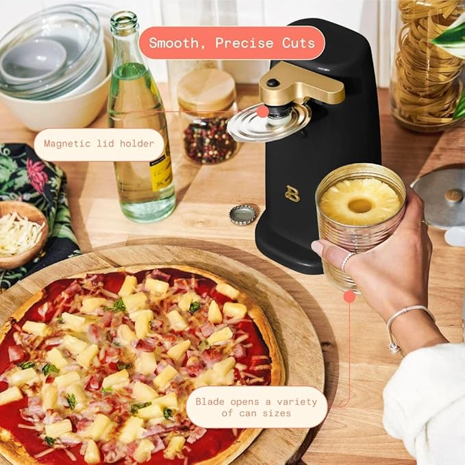 Beautiful Easy-Prep Electric Can Opener, Stainless Steel Blade, Built-in Knife Sharpener, Auto-Stop Safety, Cord Storage by Drew Barrymore (Black)