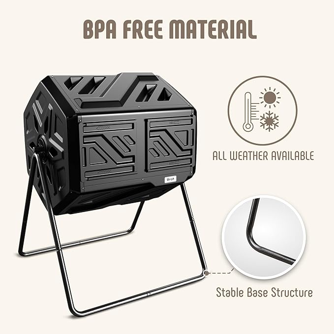 43 Gallon Compost Bin with Gloves, Fast Assembly & Easy Setup Outdoor Compost Tumbler, Updated Dual Chamber Tumbling Composter for for Garden, Kitchen, and Yard Waste, Black