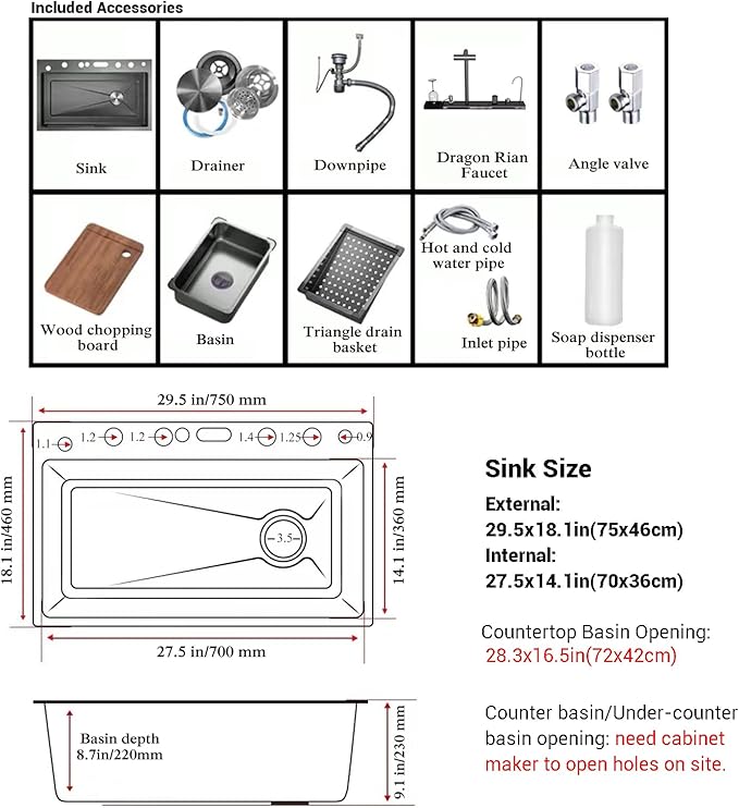 Dual Waterfall Kitchen Sink Modern Kitchen Sink Single Bowl Digital Smart Sink with Soap Dispenser Stainless Steel Sink with Pull-Out Faucet Workstation Sink with Honeycomb(29.5x18.1in)