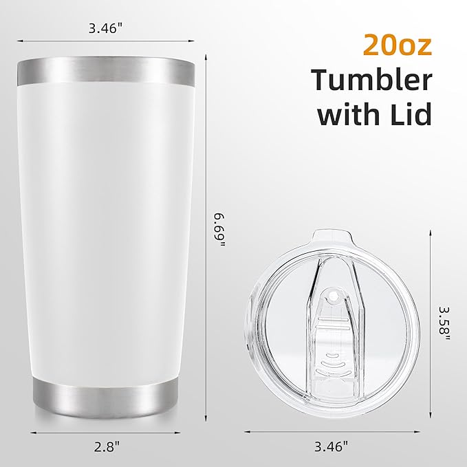 20 oz Tumbler Bulk with Lid Stainless Steel Insulated Tumblers Double Wall Vacuum Coffee Mug Powder Coated Tumbler Cups for Cold and Hot Drinks, White, 6 pack
