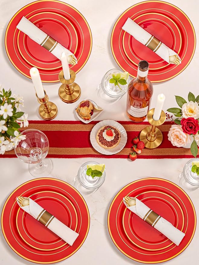 175 Pieces Red Plastic Plates with Gold Rim Include Dinner Plate 10”, Dessert Plate 7”, gold Cups 9 OZ, Pre Rolled Napkins 25 of each type for Christmas Party