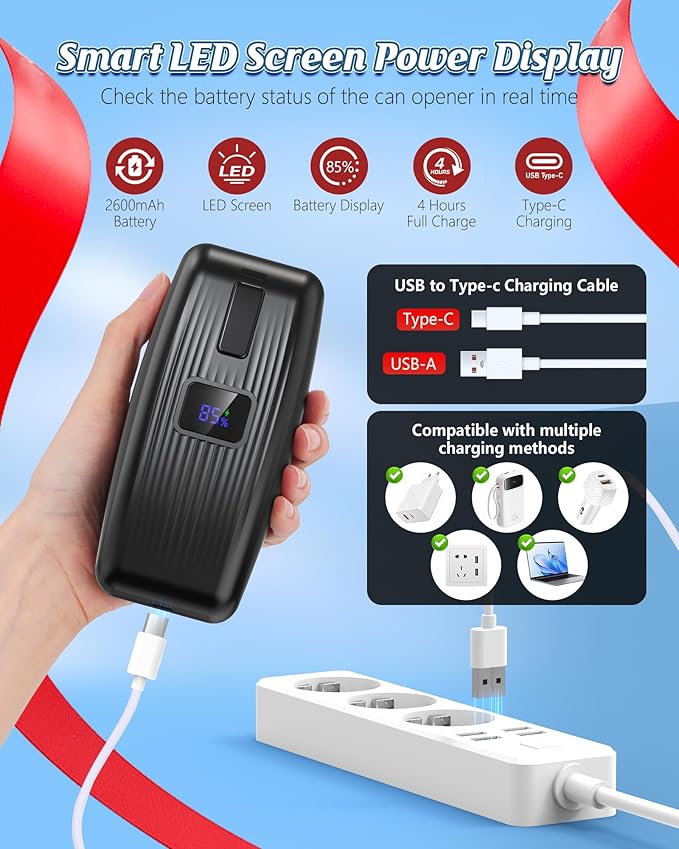 HuiJuKeJi LED Automatic Can Opener, Hands-Free One-Touch Operation Electric Can Opener, Auto-Stop Smooth Edge Safety & USB Rechargeable for Seniors Arthritis Effortless Opening Kitchen Gadget Gift
