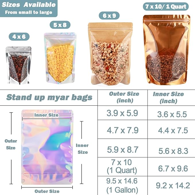 150-pack 5.9” x 8.7” Stand Up Mylar Bags with Clear Window Holographic Resealable Foil Pouches for Food Storage Smell Proof Edible Packaging Bag for Small Business, Small Holographic Bag Bulk