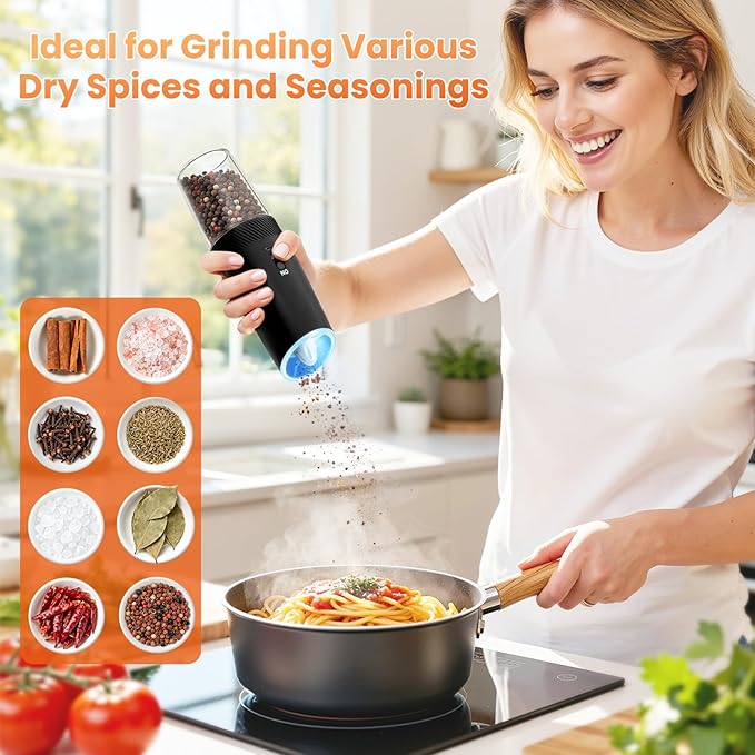Gravity Electric Salt and Pepper Grinder Set with LED Light, Automatic Rechargeable Pepper Mill Grinder, Adjustable Coarseness for Peppercorn, Large Capacity for Home, Kitchen, 2 Pack