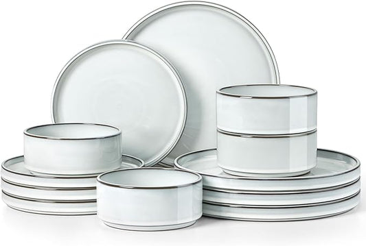 Herogo 12 Pieces Stoneware Dinnerware Set for 4, Ceramic Dinner Dishware Sets for Home Kitchen, Plates and Bowls with Rustic Terracotta Bottom, Dishwasher & Microwave Safe, Icy White