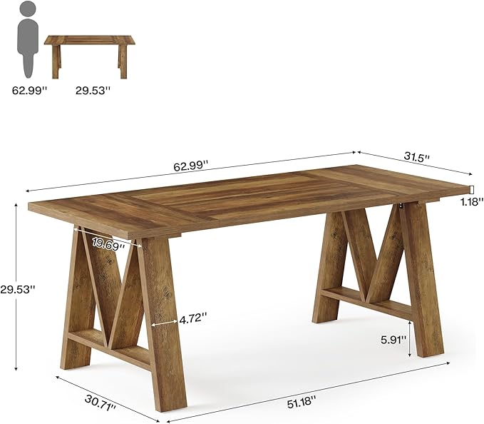 Tribesigns 63-Inch Dining Table for 4-6, Farmhouse Wooden Kitchen Table with Sturdy Legs, Rustic Rectangular Wooden Dinner Table for Home Dining Room (Rustic Brown)