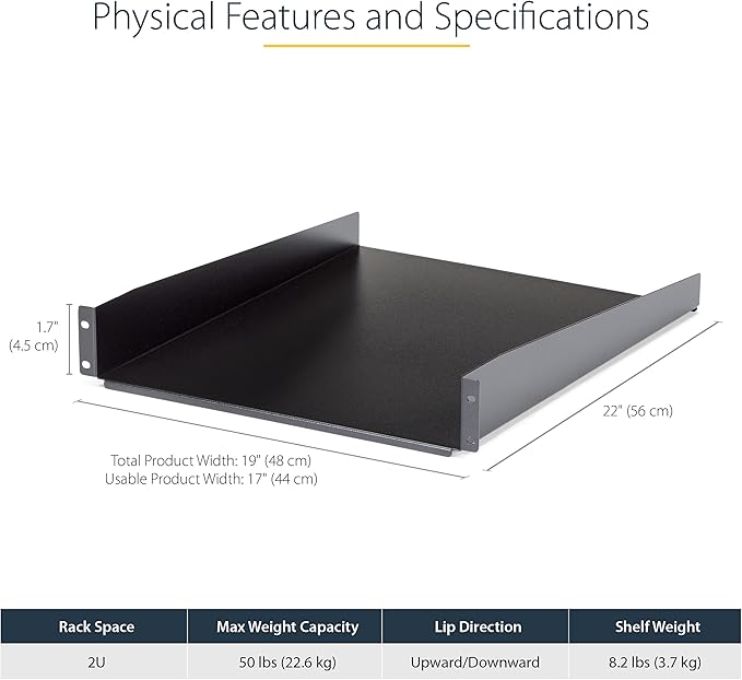 StarTech.com 2U Server Rack Shelf - Universal Rack Mount Cantilever Shelf for 19" Network Equipment Rack & Cabinet - Heavy Duty Steel – Weight Capacity 50lb/23kg - 22" Deep Tray, Black, TAA
