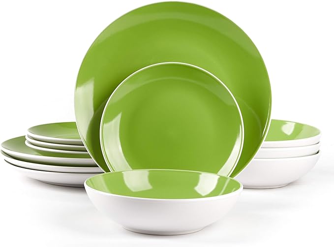 Stoneware Coupe Shape 12pc Dinnerware Set, Outside White + Inside Bamboo