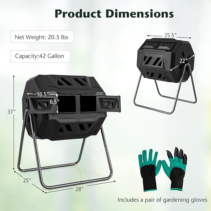 Goplus Compost Bin, Outdoor 42-Gal Dual Chamber Composting Tumbler w/2 Sliding Doors, Heavy-Duty Metal Frame, 360° Rotatable Tumbling Composter, BPA-Free Compost Tumbler for Kitchen Garden Yard Waste