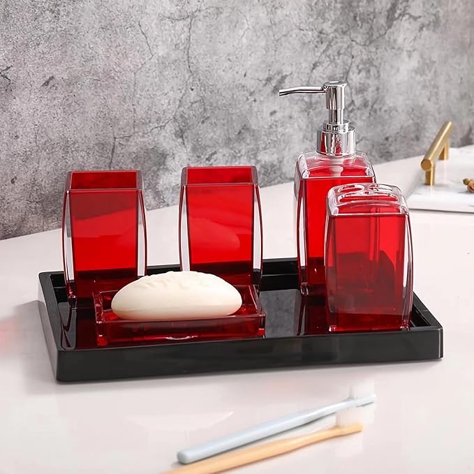 5 Pcs Red Acrylic Bathroom Accessories Set Complete, Lotion/Soap Dispenser, Soap Dish, Toothbrush Holder, Tumbler, Toilet Brush and Holder, Modern Bathroom Decor and Housewarming Gift Set,Red
