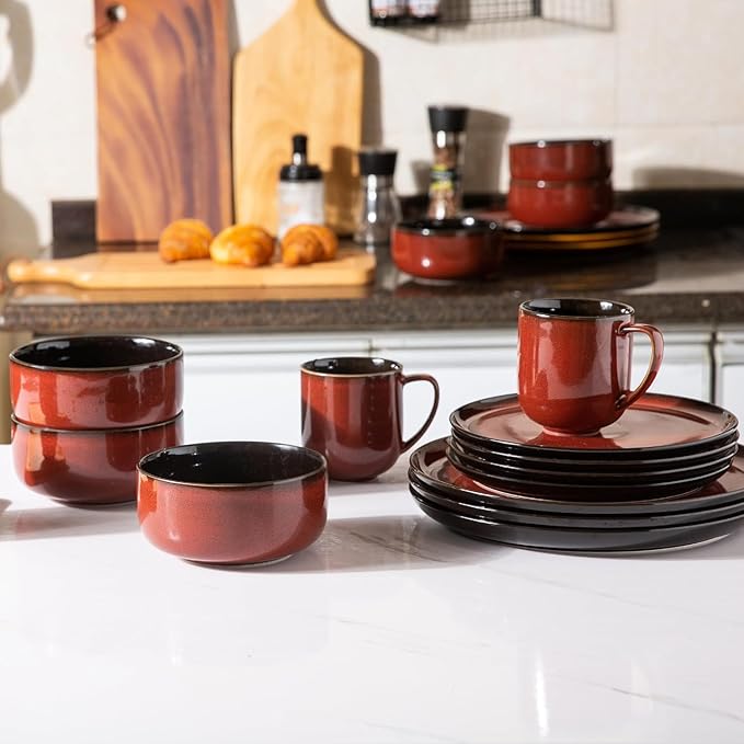 ERATIO Ceramic Dinnerware Sets for 4,12 Pieces Poreclain Plates and Bowls Sets,Scratch Resistant Dishes,Dishwasher & Microwave Safe Dishes Set,Service for 4-Red
