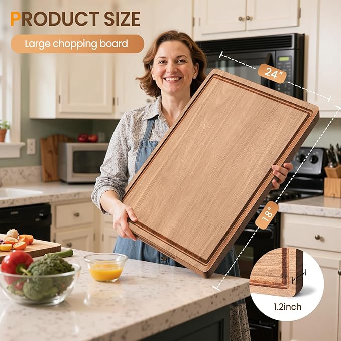 Acacia Wood Cutting Board for Kitchen,24x18x1.2 Inch Wooden Charcuterie Board with Deep Juice Groove & Handle, Extra Large Heavy Duty Butcher Block for Meat, Cheese, Vegetables, Fruits