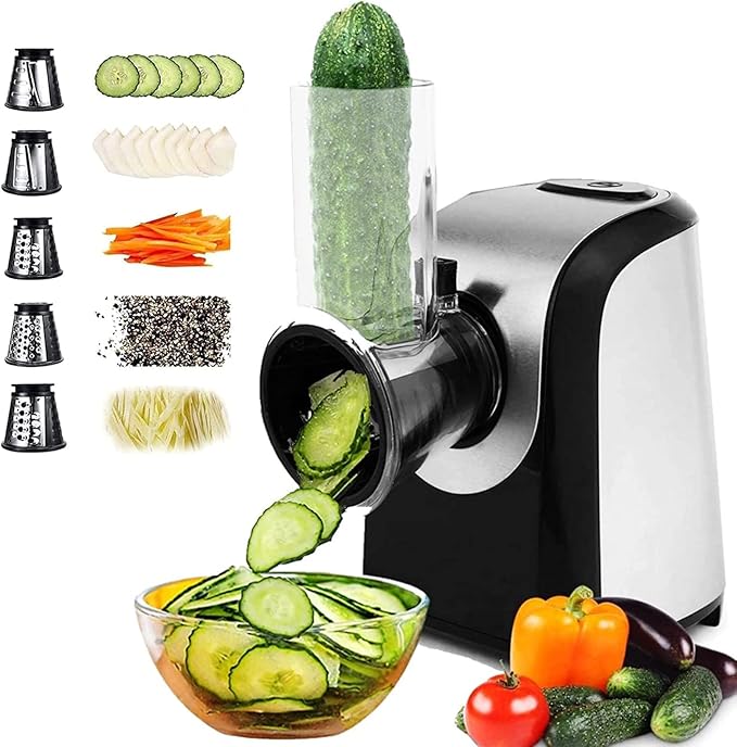 5 In 1 Professional Electric Cheese Grater, 150W Electric Cheese Shredder for Block Cheese Grater Shredder Salad Shooter for Cheeses, Shredded Carrots Cabbage and Nuts for Home Kitchen Use, BPA-Free