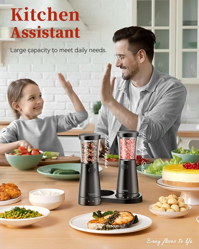 Electric Salt and Pepper Grinder Set with Storage Base, Stainless Steel Rechargeable Salt and Pepper Grinder Set with 4.5 oz Large Capacity, 1.8" Wide Mouth, Adjustable Coarseness, Ideal for Kitchen