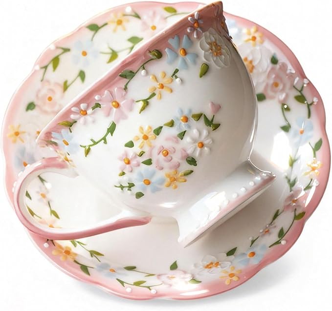 Exquisite Bone China Tea Cups and Saucer Set – Elegant Porcelain Tea Cups, Beautifully Detailed for Tea Lovers, Gift-Ready for Christmas, Hostess, Holiday Gift & Fall Decor