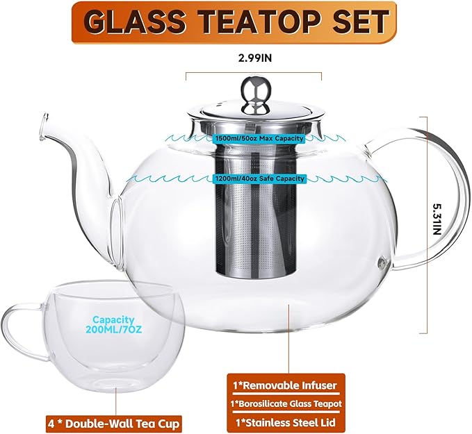 50OZ/1500ML Glass Teapot Set with 4 Double Wall Teacups & Removable Infuser, Stovetop & Microwave Safe Clear Tea Maker Water Kettle with 7OZ/200ML Tea Cups for Loose Leaf Blooming Tea