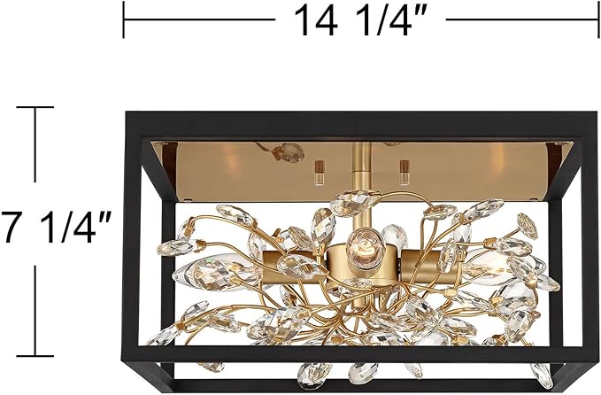 Possini Euro Design Carrine Modern Ceiling Light Flush-Mount Fixture 14 1/4" Wide Black Metal Gold Branches 4-Light Clear Crystal Buds for Bedroom Kitchen Living Room Hallway Bathroom House Home