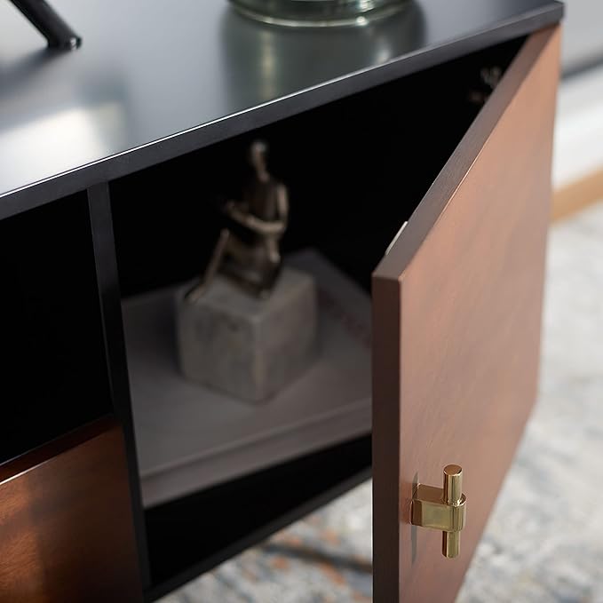 SAFAVIEH Genevieve TV Stand for up to 65" Flatscreen – Black & Walnut Brown Finish, Mid-Century Modern Storage Cabinet, Entertainment Media Console (MED5000F)