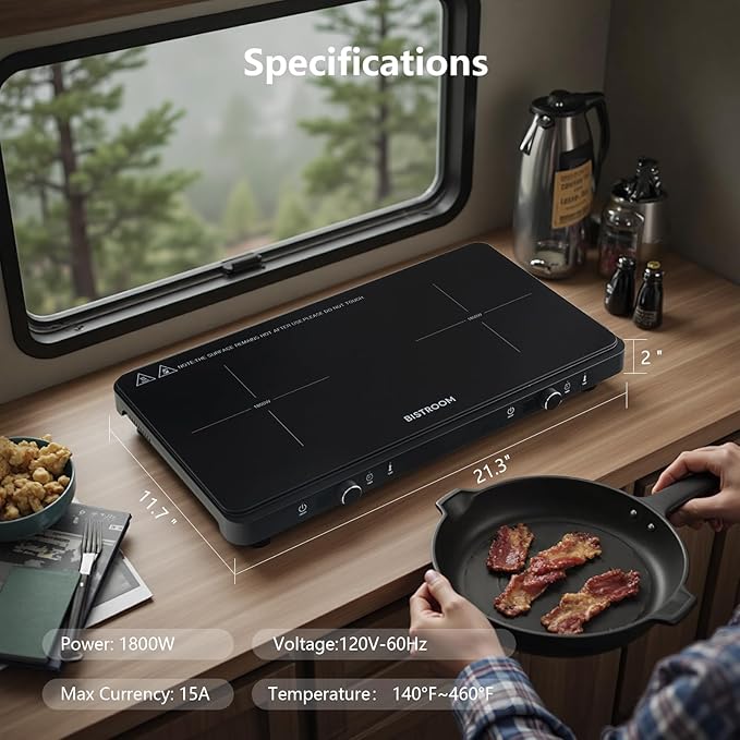 Double Induction Cooktop Continuous Low Power 9 Temperature Countertop Knob Control 1800W 18 Power 2 Electric Burner Sensor Touch Timer Stove