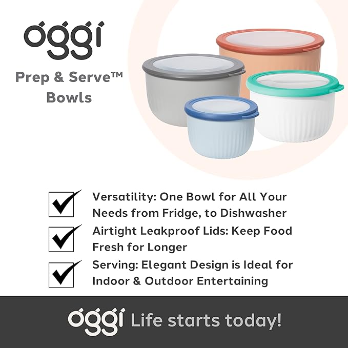 Oggi Prep, Store & Serve Plastic Bowl w/See-Thru Lid- Dishwasher, Microwave & Freezer Safe, (1.4 qt) White/Aqua