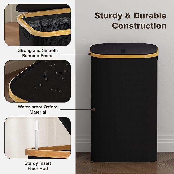 100L Laundry Hamper with Lid, Large Laundry Basket with Bamboo Handles, Clothes Hampers for Laundry with Removable Bag, Dirty Clothes Hampers for Bedroom Aesthetic, Black