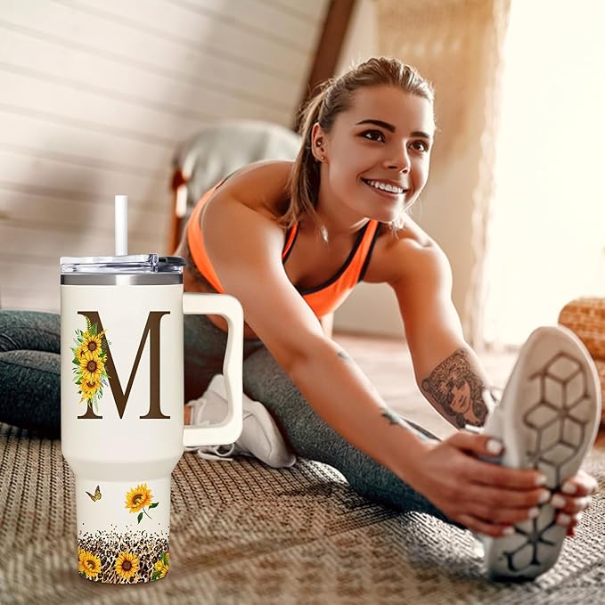 Personalized Birthday Gifts For Women - Sunflowers Monogrammed Cup For Boss Day, Christmas - Customized Gifts For Women, Mom, Wife, Coworkers, Boss Lady, Her - Custom Tumbler With Handle 40oz