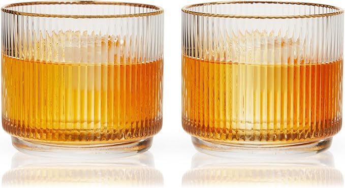 Viski Meridian Crystal Lowball Tumblers, Art Deco Whiskey Glasses, Crystal Scotch Glasses, Old Fashioned Glasses, Ribbed Glassware 12oz Set of 2