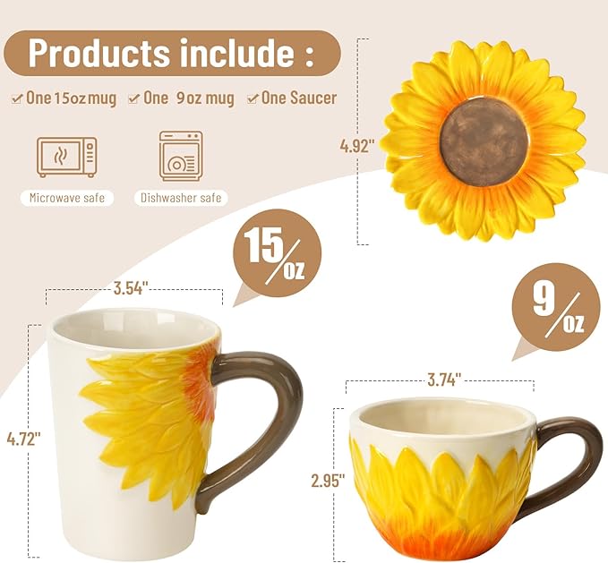 Ceramic Coffee Mug Set of 2-Sunflower Coffee Cups Set Include 15 oz Large Coffee Mug,9 oz Wide Cappuccino Cup with Saucer,3D Novelty Coffee Cups for Tea,Latte,Hot Cocoa,Milk,Birthday/Christmas Gifts